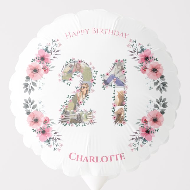21st Birthday Girl Pink Flower Photo Collage White Balloon (Front)