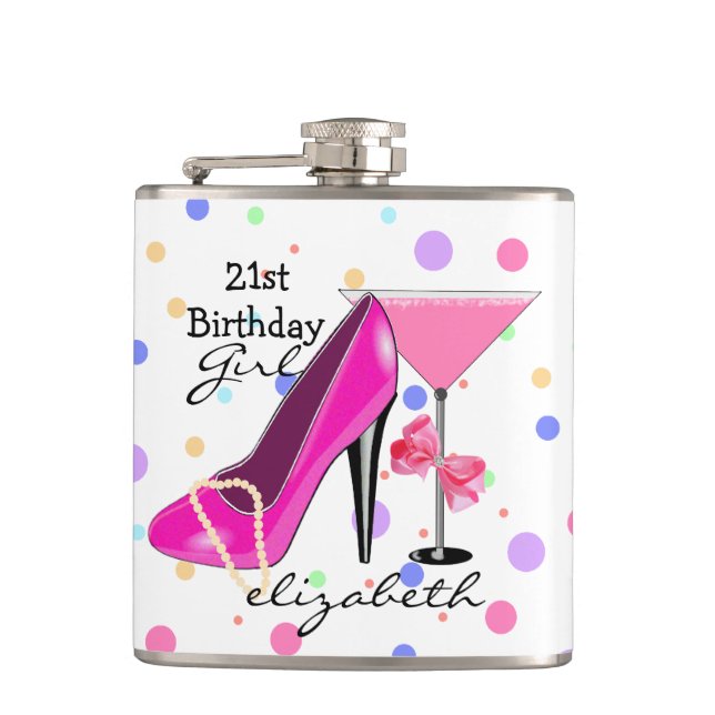 21st Birthday Girl Pink High Heel Personalized Hip Flask (Front)