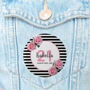 21st birthday girly pink roses black white stripes button
