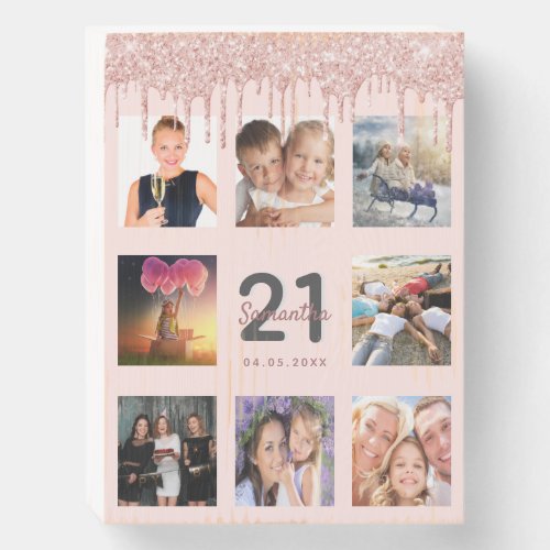 21st birthday glitter drips photo rose gold pink wooden box sign