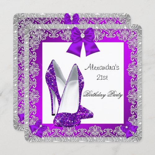 21st Birthday Glitter Purple High Heel Shoe 3 Invitation