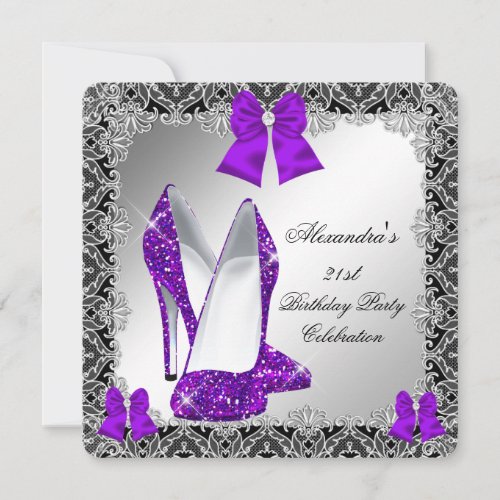 21st Birthday Glitter Purple High Heel Shoe 5 Invitation