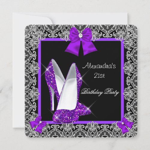 21st Birthday Glitter Purple High Heel Shoe Invitation