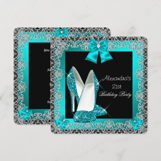 21st Birthday Glitter Teal Blue High Heel Shoe 2 Invitation (Front/Back)