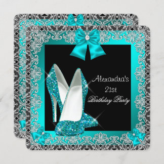 21st Birthday Glitter Teal Blue High Heel Shoe 2 Invitation