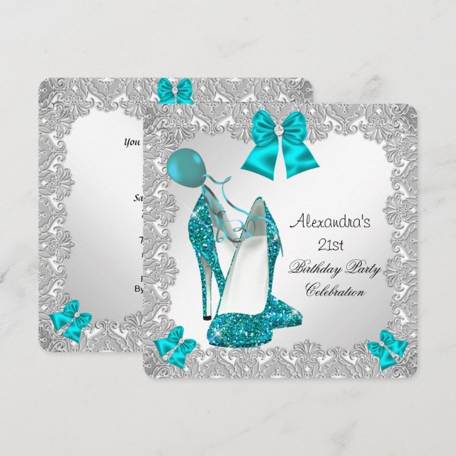 21st Birthday Glitter Teal Blue High Heel Silver 2 Invitation (Front/Back)
