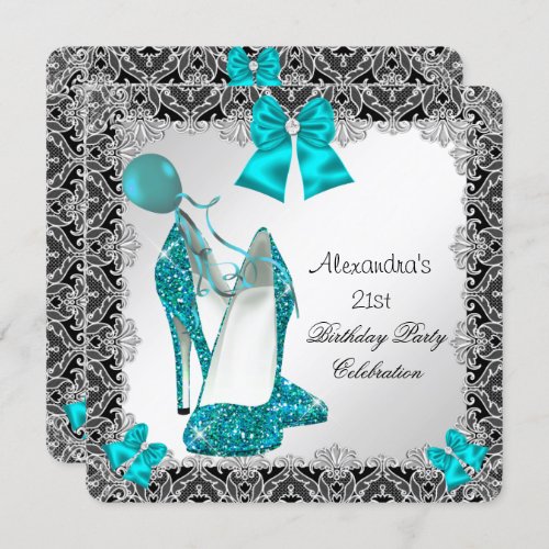 21st Birthday Glitter Teal Blue High Heel Silver Invitation