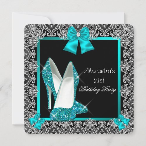 21st Birthday Glitter Teal High Heel Shoe Invitation