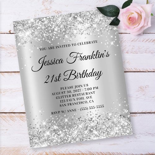 21st Birthday Glittery Silver Shimmer Ombre Invite Flyer