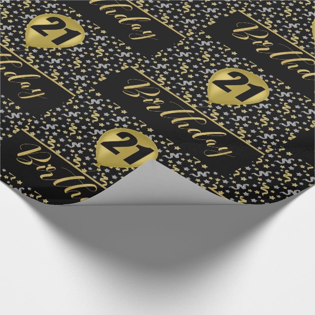21st Birthday Gold Balloon on Black with Confetti Wrapping Paper (Corner)