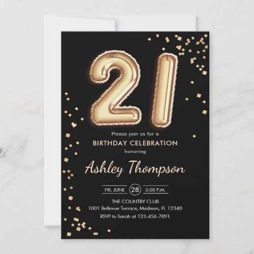 21st Birthday _ Gold Balloons Black Invitation