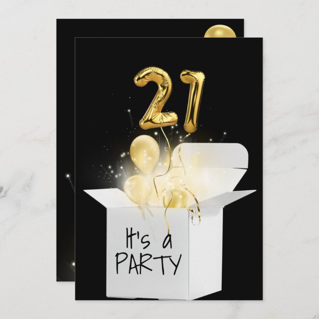 21st Birthday Gold Balloons In White Box   Invitation (Front/Back)