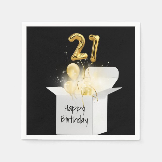 21st Birthday Gold Balloons In White Box  Napkins (Front)
