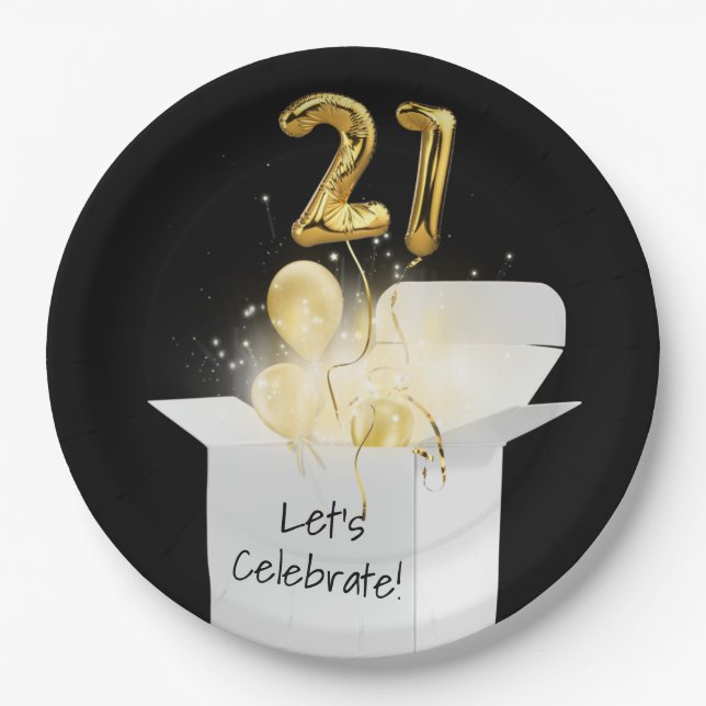 21st Birthday Gold Balloons In White Box Paper Plates (Front)