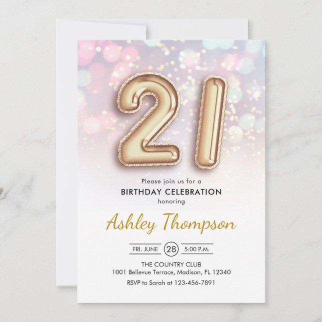 21st Birthday - Gold Balloons Pink Lights Invitation (Front)