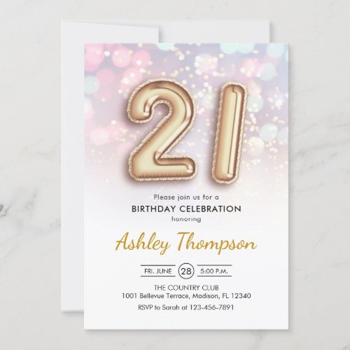 21st Birthday _ Gold Balloons Pink Lights Invitation