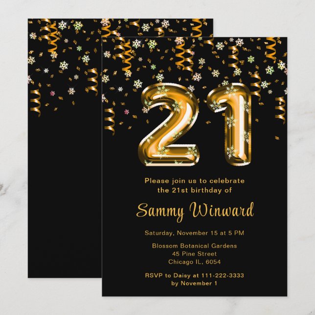 21st Birthday Gold Balloons Snowflake Confetti Invitation (Front/Back)