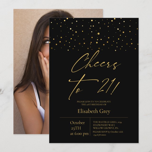 21st Birthday Gold Black Modern  Invitation (Front/Back)