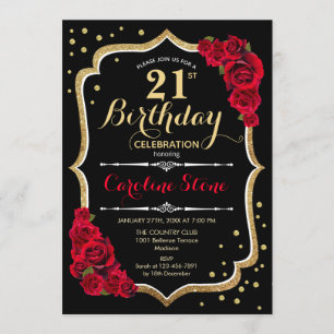 21st Birthday - Gold Black Red Roses Invitation