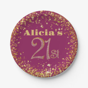 21st Birthday Gold Confetti on Purple with Name Paper Plates