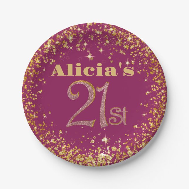 21st Birthday Gold Confetti on Purple with Name Paper Plates (Front)