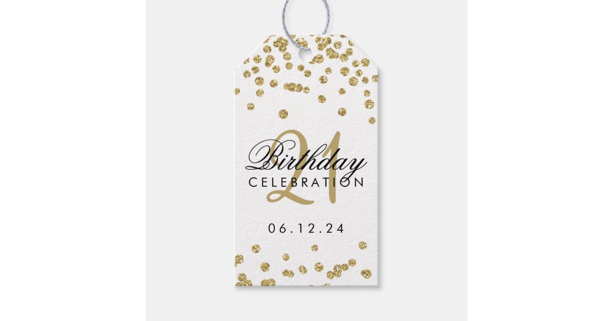 21st Birthday Gold Faux Glitter Confetti White Gift Tags | Zazzle
