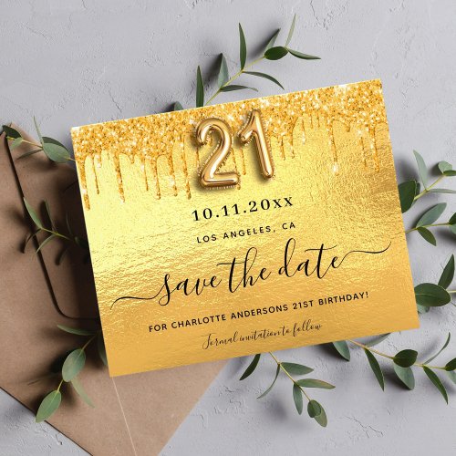 21st birthday gold glitter budget save the date flyer