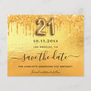 21st birthday gold glitter save the date card