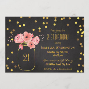21st Birthday Gold Mason Jar Confetti Chalkboard Invitation