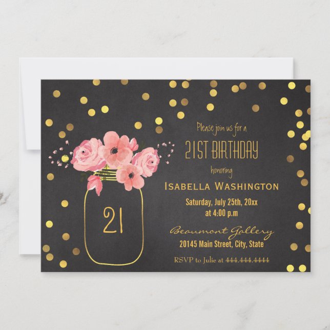 21st Birthday | Gold Mason Jar Confetti Chalkboard Invitation (Front)