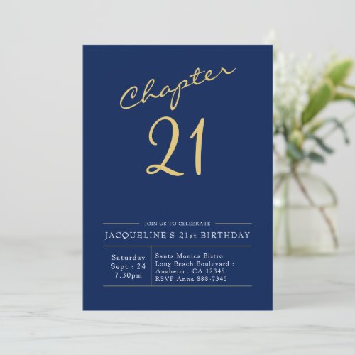 21st Birthday Gold Modern Script Blue Invitation