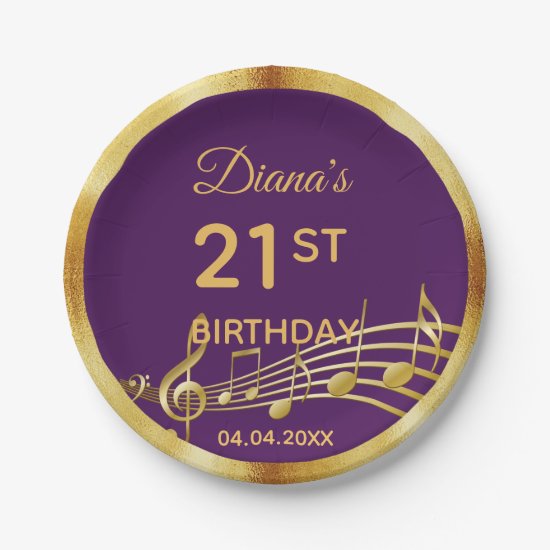 21st birthday gold music notes chic girly purple paper plate