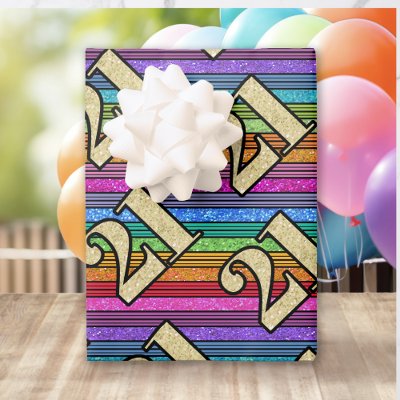 21st Birthday Gold Numbers Glitter Rainbow Stripe  Wrapping Paper Sheets