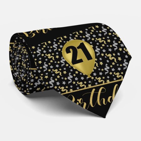 21st Birthday Gold On Black With Confetti Neck Tie
