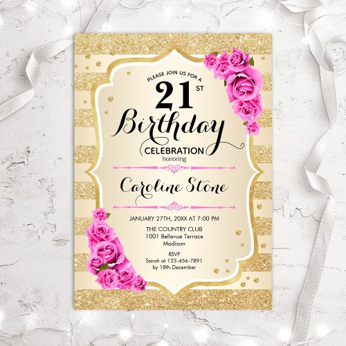 21st Birthday _ Gold Stripes Pink Roses Invitation