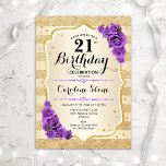 21st Birthday - Gold Stripes Purple Roses Invitation<br><div class="desc">21st Birthday Invitation. Elegant design in gold and purple. Features faux glitter gold stripes,  purple roses stylish script font and confetti. Perfect for a glam birthday party.</div>