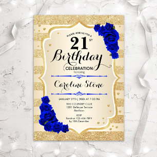 21st Birthday - Gold Stripes Royal Blue Roses Invitation