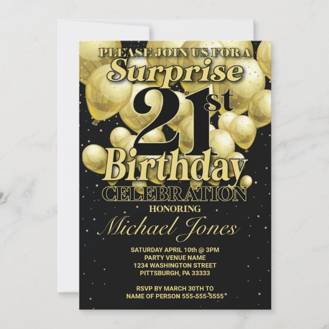 21st Birthday Golden Balloons Invitation (Front)