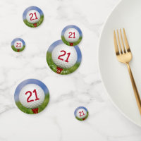 21st birthday golf ball on red tee confetti