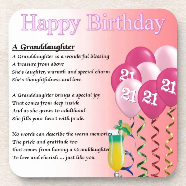 21st Birthday Granddaughter Poem Beverage Coaster | Zazzle.com