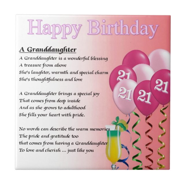 21st Birthday Granddaughter Poem Ceramic Tile (Front)