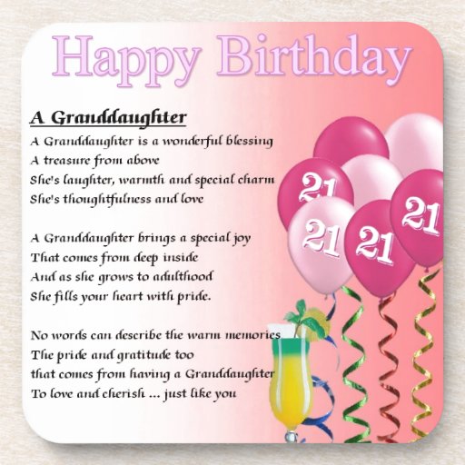 21st Birthday Granddaughter Poem Drink Coasters | Zazzle