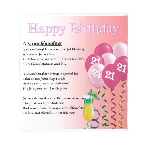 21st Birthday Granddaughter Poem Notepad | Zazzle