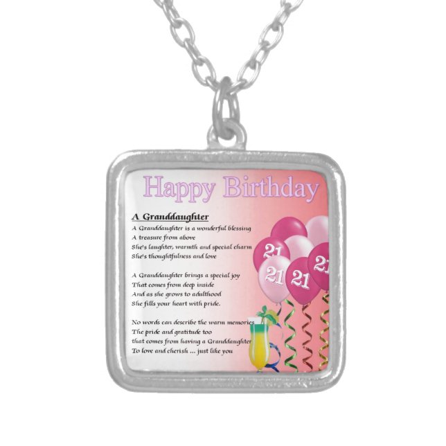 21st Birthday Granddaughter Poem Silver Plated Necklace (Front)