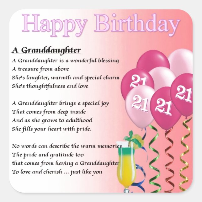 21st Birthday Granddaughter Poem Square Sticker (Front)