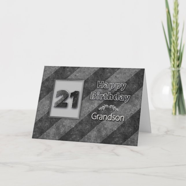 21st BIRTHDAY, Grandson, Grunge Gray Stripes Card (Front)