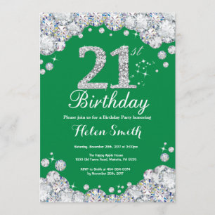 21st Birthday Green and Silver Diamond Invitation