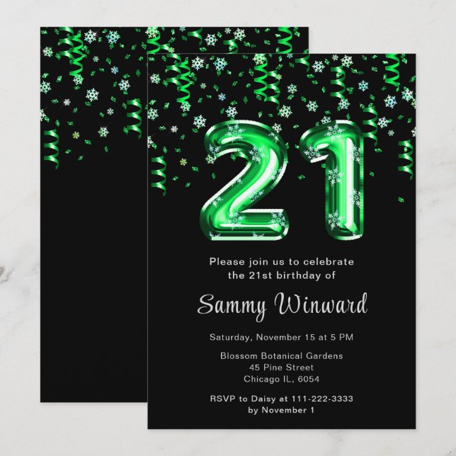 21st Birthday Green Balloons Snowflake Confetti Invitation (Front/Back)