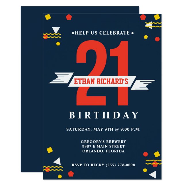 21st Birthday Guys Navy Blue Brewery Party Invite