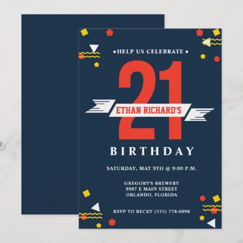 21st Birthday Guys Navy Blue Brewery Party Invite